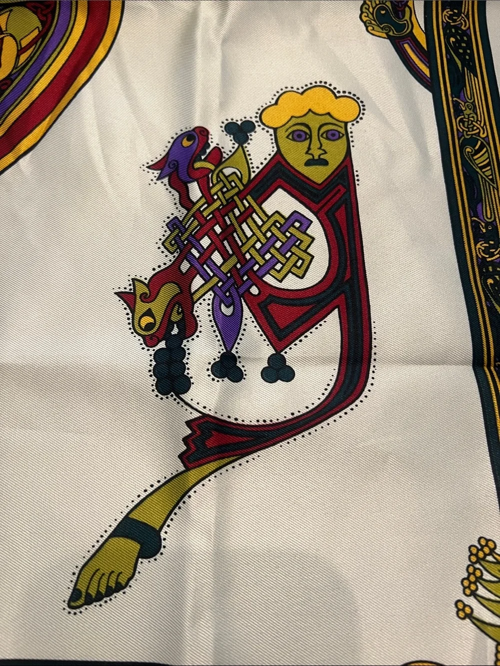 Silk-Feel Ivory Scarf with Red Trim and Multicolor Celtic Medallion